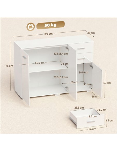 HOMCOM Sideboard, Modern Storage Cabinet with 2 Drawers, 3 Doors and Adjustable Shelves, High Gloss White - pic 193758 | FastDaddyshop