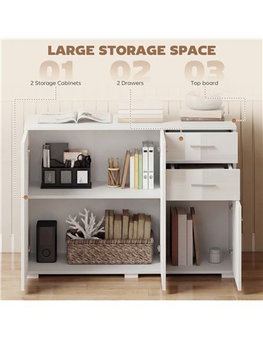HOMCOM Sideboard, Modern Storage Cabinet with 2 Drawers, 3 Doors and Adjustable Shelves, High Gloss White