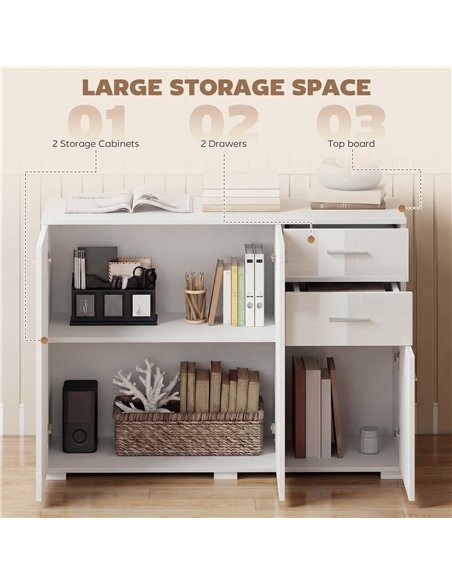 HOMCOM Sideboard, Modern Storage Cabinet with 2 Drawers, 3 Doors and Adjustable Shelves, High Gloss White - pic 193759 | FastDaddyshop