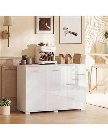 HOMCOM Sideboard, Modern Storage Cabinet with 2 Drawers, 3 Doors and Adjustable Shelves, High Gloss White
