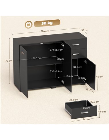 HOMCOM Sideboard, Modern Storage Cabinet with 2 Drawers, 3 Doors and Adjustable Shelves, Black