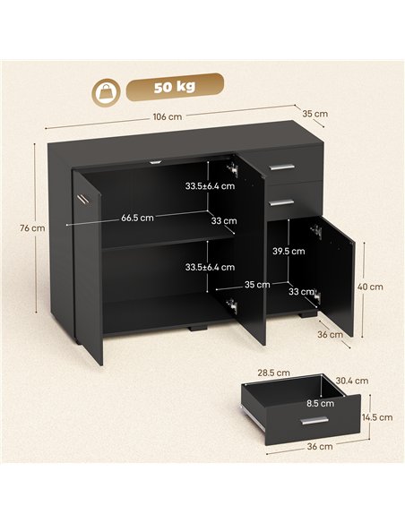 HOMCOM Sideboard, Modern Storage Cabinet with 2 Drawers, 3 Doors and Adjustable Shelves, Black - pic 193767 | FastDaddyshop