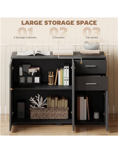 HOMCOM Sideboard, Modern Storage Cabinet with 2 Drawers, 3 Doors and Adjustable Shelves, Black
