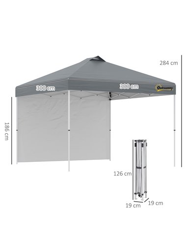 Outsunny 3x3M Pop Up Gazebo with 1 Sidewall, Roller Bag, Adjustable Height, Grey