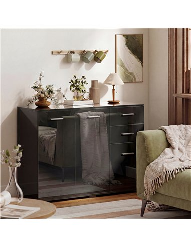 HOMCOM Sideboard, Modern Storage Cabinet with 2 Drawers, 3 Doors and Adjustable Shelves, High Gloss Black