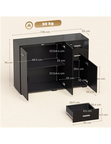 HOMCOM Sideboard, Modern Storage Cabinet with 2 Drawers, 3 Doors and Adjustable Shelves, High Gloss Black