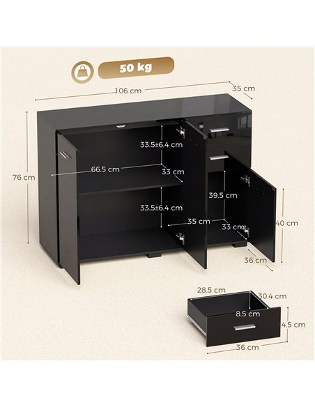 HOMCOM Sideboard, Modern Storage Cabinet with 2 Drawers, 3 Doors and Adjustable Shelves, High Gloss Black - pic 193776 | FastDaddyshop