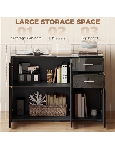 HOMCOM Sideboard, Modern Storage Cabinet with 2 Drawers, 3 Doors and Adjustable Shelves, High Gloss Black
