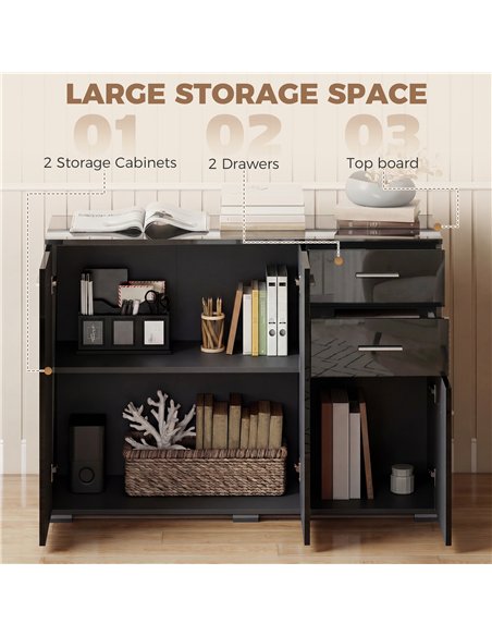 HOMCOM Sideboard, Modern Storage Cabinet with 2 Drawers, 3 Doors and Adjustable Shelves, High Gloss Black - pic 193777 | FastDaddyshop