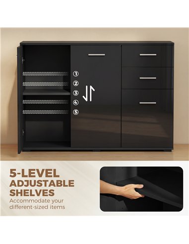 HOMCOM Sideboard, Modern Storage Cabinet with 2 Drawers, 3 Doors and Adjustable Shelves, High Gloss Black