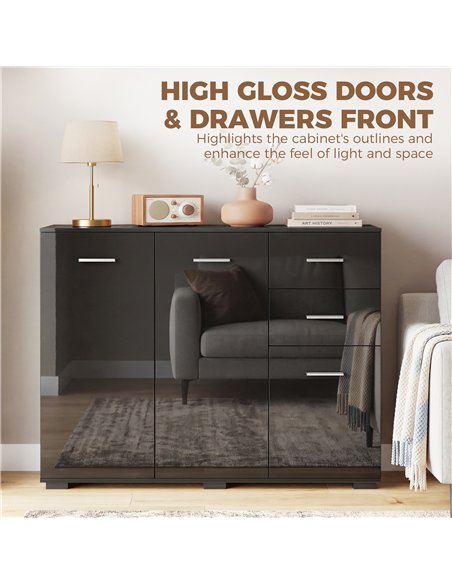 HOMCOM Sideboard, Modern Storage Cabinet with 2 Drawers, 3 Doors and Adjustable Shelves, High Gloss Black - pic 193779 | FastDaddyshop