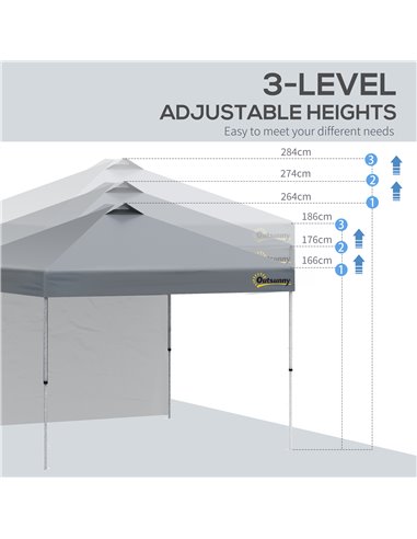 Outsunny 3x(3)M Pop Up Gazebo Tent with 1 Sidewall, Roller Bag, Adjustable Height, Event Shelter Tent for Garden, Patio, Grey