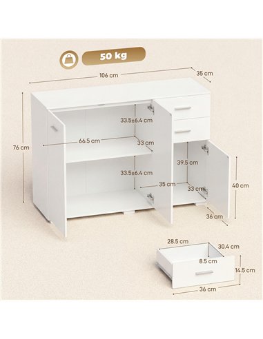 HOMCOM Sideboard, Modern Storage Cabinet with 2 Drawers, 3 Doors and Adjustable Shelves, White