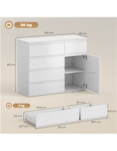 HOMCOM Modern Chest Of Drawers, 5 Drawer Dresser with Adjustable Shelf, Soft-Close Door, White