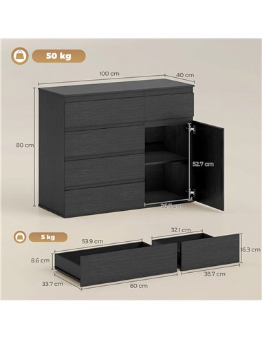 HOMCOM Modern Chest Of Drawers, 5 Drawer Dresser with Adjustable Shelf, Soft-Close Door, Black