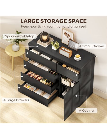 HOMCOM Modern Chest Of Drawers, 5 Drawer Dresser with Adjustable Shelf, Soft-Close Door, Black - pic 193804 | FastDaddyshop
