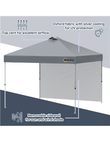 Outsunny 3x(3)M Pop Up Gazebo Tent with 1 Sidewall, Roller Bag, Adjustable Height, Event Shelter Tent for Garden, Patio, Grey