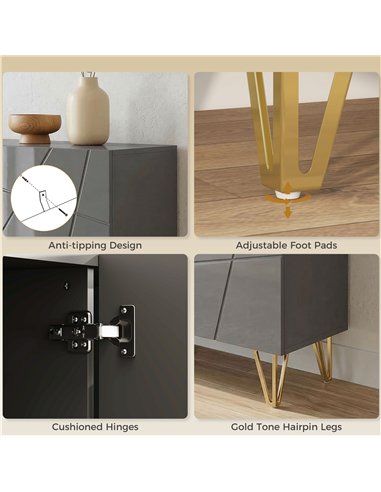 HOMCOM Modern Luxe High Gloss Sideboard, with Hairpin Legs, Grey