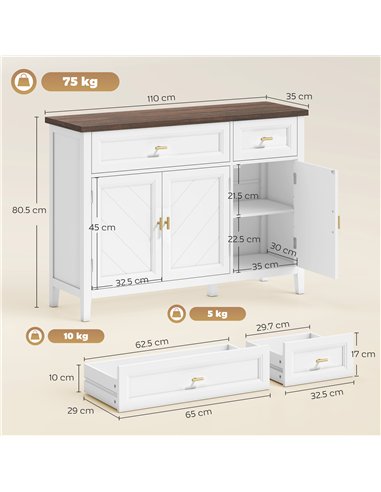 HOMCOM Modern Sideboard with 3 Doors, 2 Drawers and Adjustable Shelves, White