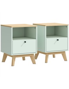 HOMCOM Modern Nightstand Set of 2, Bedside Table with Drawer and Open Shelf, Side End Table for Bedroom, Light Green