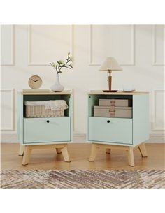 HOMCOM Modern Nightstand Set of 2, Bedside Table with Drawer and Open Shelf, Side End Table for Bedroom, Light Green 2