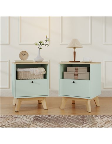 HOMCOM Modern Nightstand Set of 2, Bedside Table with Drawer and Open Shelf, Side End Table for Bedroom, Light Green