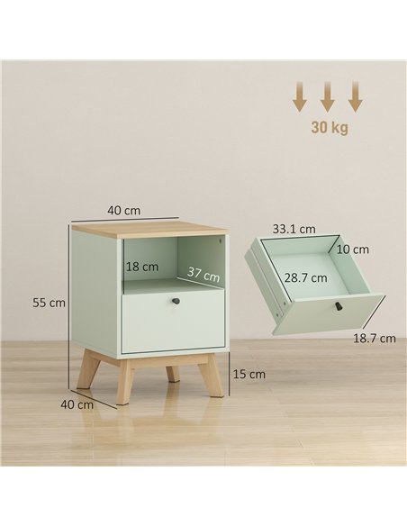 HOMCOM Modern Nightstand Set of 2, Bedside Table with Drawer and Open Shelf, Side End Table for Bedroom, Light Green - pic 193839 | FastDaddyshop