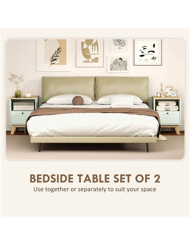 HOMCOM Modern Nightstand Set of 2, Bedside Table with Drawer and Open Shelf, Side End Table for Bedroom, Light Green