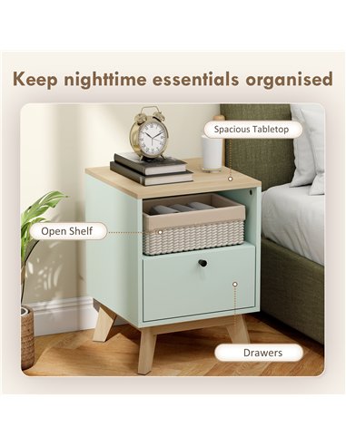 HOMCOM Modern Nightstand Set of 2, Bedside Table with Drawer and Open Shelf, Side End Table for Bedroom, Light Green