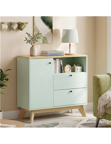 HOMCOM Sideboard Storage Cabinet, 80 cm Buffet Cabinet with 2 Drawers, Open Compartment, Adjustable Shelf, Light Green and Oak