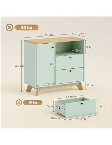 HOMCOM Sideboard Storage Cabinet, 80 cm Buffet Cabinet with 2 Drawers, Open Compartment, Adjustable Shelf, Light Green and Oak
