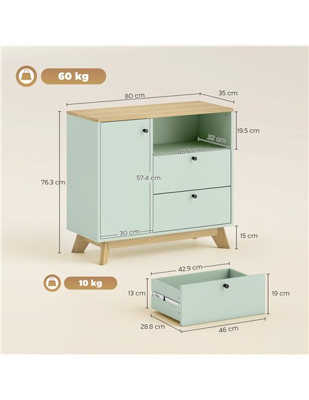 HOMCOM Sideboard Storage Cabinet, 80 cm Buffet Cabinet with 2 Drawers, Open Compartment, Adjustable Shelf, Light Green and Oak - pic 193848 | FastDaddyshop