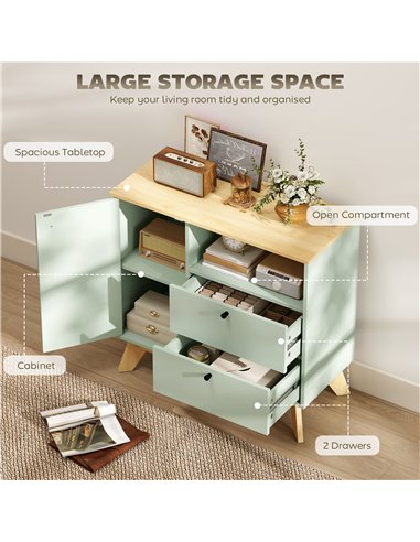 HOMCOM Sideboard Storage Cabinet, 80 cm Buffet Cabinet with 2 Drawers, Open Compartment, Adjustable Shelf, Light Green and Oak