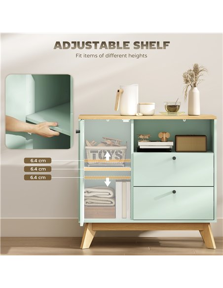 HOMCOM Sideboard Storage Cabinet, 80 cm Buffet Cabinet with 2 Drawers, Open Compartment, Adjustable Shelf, Light Green and Oak - pic 193850 | FastDaddyshop