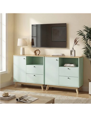 HOMCOM Sideboard Storage Cabinet, 80 cm Buffet Cabinet with 2 Drawers, Open Compartment, Adjustable Shelf, Light Green and Oak
