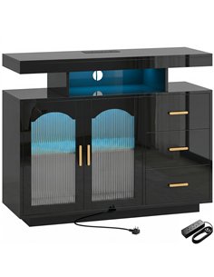 HOMCOM High Gloss Sideboard with LED Lights, Built-in Power Outlets, 3 Drawers, Shelves and 2 Acrylic Doors, Black