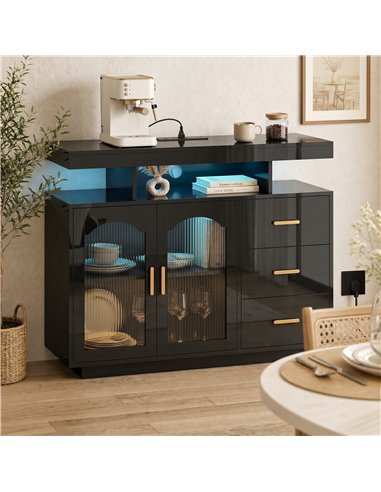 HOMCOM High Gloss Sideboard with LED Lights, Built-in Power Outlets, 3 Drawers, Shelves and 2 Acrylic Doors, Black
