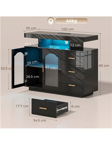 HOMCOM High Gloss Sideboard with LED Lights, Built-in Power Outlets, 3 Drawers, Shelves and 2 Acrylic Doors, Black
