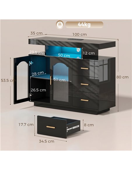HOMCOM High Gloss Sideboard with LED Lights, Built-in Power Outlets, 3 Drawers, Shelves and 2 Acrylic Doors, Black - pic 193857 | FastDaddyshop