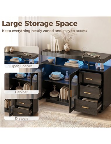 HOMCOM High Gloss Sideboard with LED Lights, Built-in Power Outlets, 3 Drawers, Shelves and 2 Acrylic Doors, Black