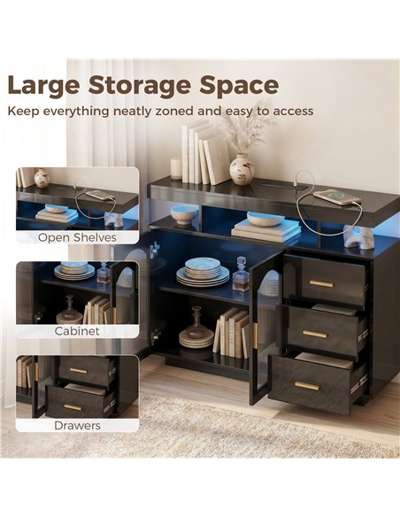 HOMCOM High Gloss Sideboard with LED Lights, Built-in Power Outlets, 3 Drawers, Shelves and 2 Acrylic Doors, Black - pic 193858 | FastDaddyshop
