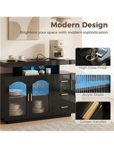 HOMCOM High Gloss Sideboard with LED Lights, Built-in Power Outlets, 3 Drawers, Shelves and 2 Acrylic Doors, Black
