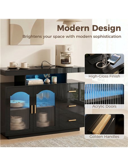HOMCOM High Gloss Sideboard with LED Lights, Built-in Power Outlets, 3 Drawers, Shelves and 2 Acrylic Doors, Black - pic 193859 | FastDaddyshop