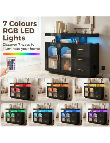 HOMCOM High Gloss Sideboard with LED Lights, Built-in Power Outlets, 3 Drawers, Shelves and 2 Acrylic Doors, Black