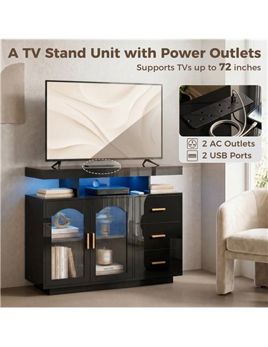 HOMCOM High Gloss Sideboard with LED Lights, Built-in Power Outlets, 3 Drawers, Shelves and 2 Acrylic Doors, Black
