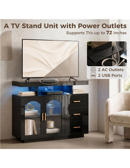 HOMCOM High Gloss Sideboard with LED Lights, Built-in Power Outlets, 3 Drawers, Shelves and 2 Acrylic Doors, Black - pic 193861 | FastDaddyshop
