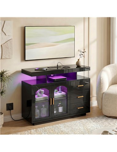 HOMCOM High Gloss Sideboard with LED Lights, Built-in Power Outlets, 3 Drawers, Shelves and 2 Acrylic Doors, Black