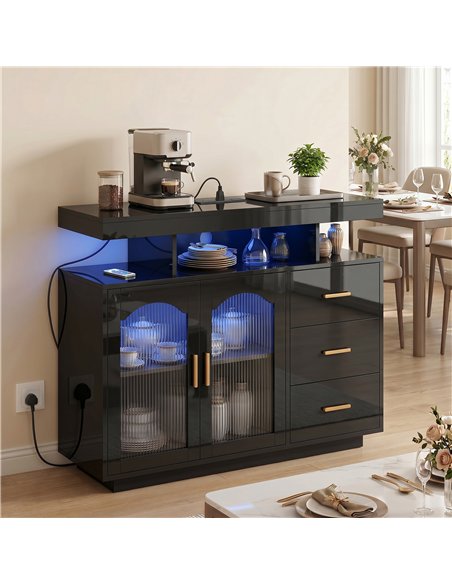 HOMCOM High Gloss Sideboard with LED Lights, Built-in Power Outlets, 3 Drawers, Shelves and 2 Acrylic Doors, Black - pic 193863 | FastDaddyshop