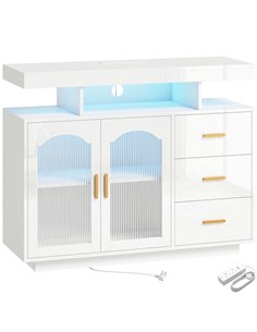 HOMCOM High Gloss Sideboard with LED Lights, Built-in Power Outlets, 3 Drawers, Shelves and 2 Acrylic Doors, White