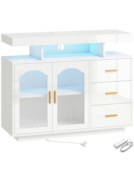 HOMCOM High Gloss Sideboard with LED Lights, Built-in Power Outlets, 3 Drawers, Shelves and 2 Acrylic Doors, White - pic 193864 | FastDaddyshop